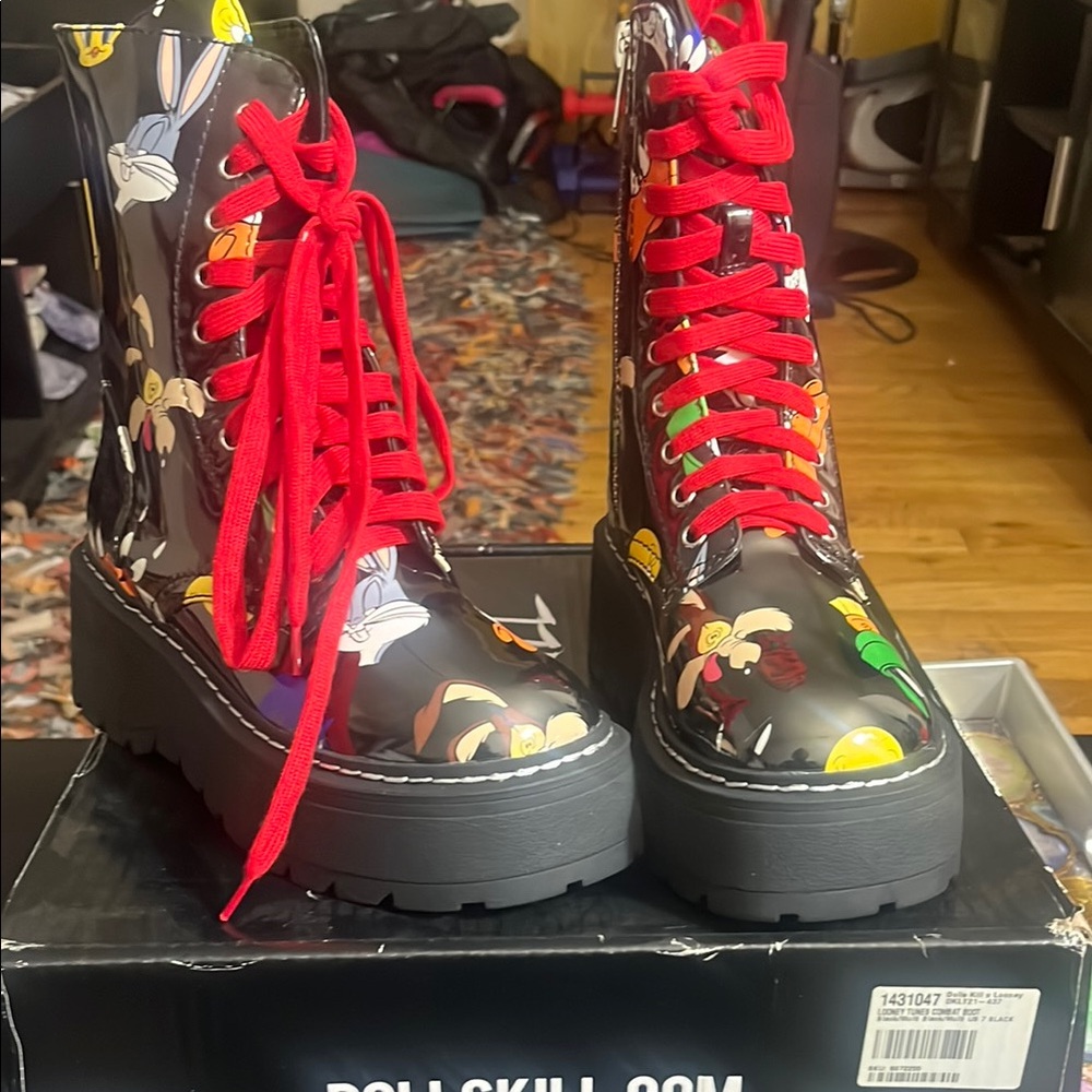 Dolls Kill Black Cartoon Print Boots with Red Laces
